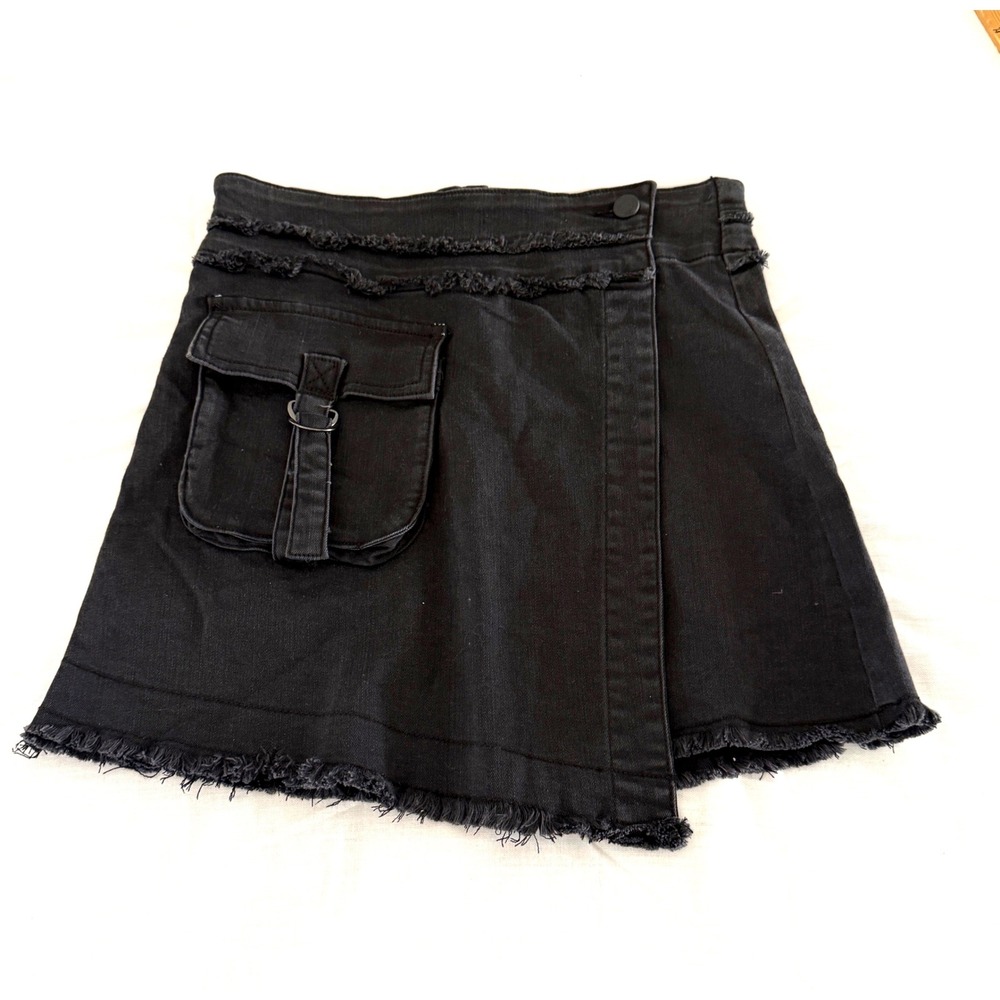 RtA Black Denim Cargo Mini Skirt S Wrap Frayed Buckle Pocket 90s Grunge Moto NWT
